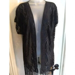 Open Cardigan Topper Allover Cutout Black Fringe Hem One Size Gothic Witchy